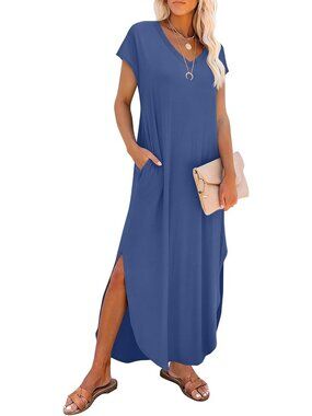 Women's Dustyblue Maxi Dress Casual Summer V Neck Beach Sundress With Pockets